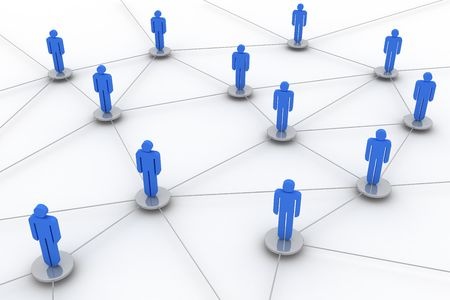 3d illustration of blue human figures connected by white lines on a light background, symbolizing a network or social connections.
