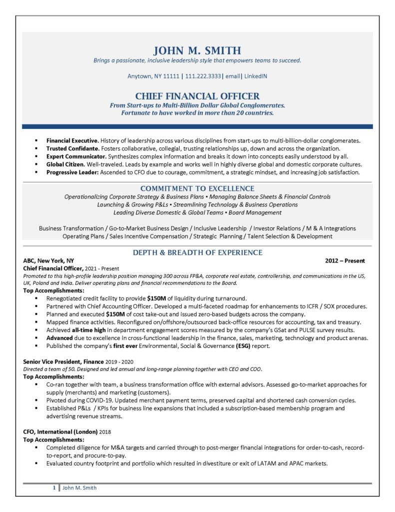 Image of a professional resume for "john m. smith," detailing his experience and skills as a chief financial officer.