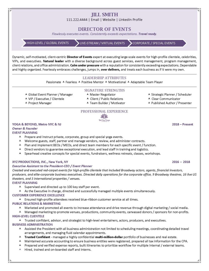 Word document showing a resume of "jill smith," detailing her professional experience and skills as a director of events, formatted with bullet points and contact information at the top.