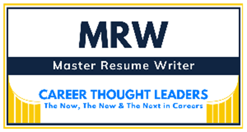 Logo of master resume writer (mrw) showing the text "career thought leaders" and the slogan "the now, the new & the next in careers.