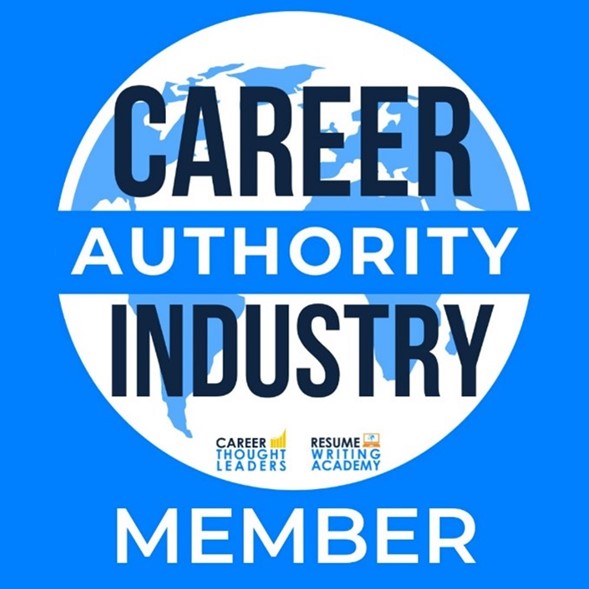 Logo featuring a globe with the words "career authority industry" and "member" placed on a blue background, with icons indicating affiliations with professional groups at the bottom.