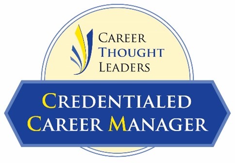 Logo of career thought leaders with text "credentialed career manager" on a blue banner.
