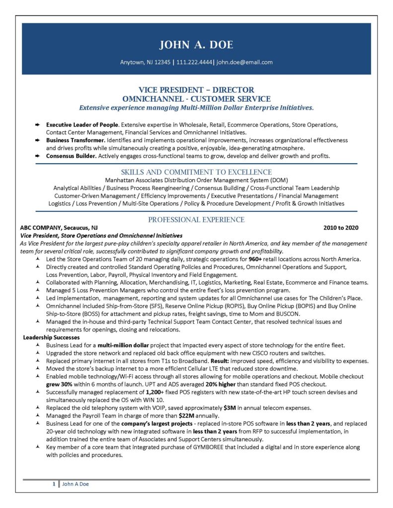 Image of a detailed resume featuring a summary, experience, skills, and education sections for a professional named "john a. doe" with extensive experience in executive management.