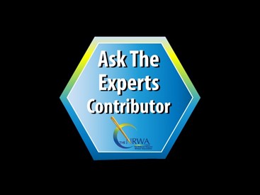 A hexagonal badge labeled "ask the experts contributor" with the logo of the nrwa on a black background.