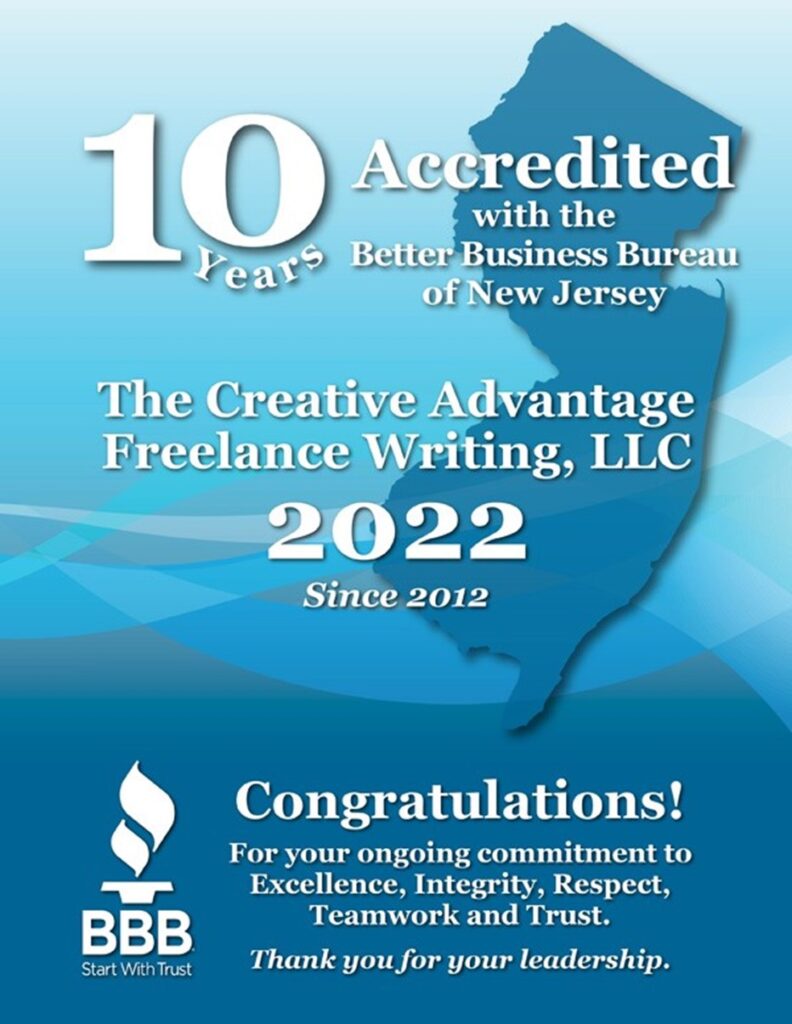Promotional image celebrating 10 years of the creative advantage freelance writing, llc, accredited by the better business bureau of new jersey. text includes congratulations and appreciation messages.