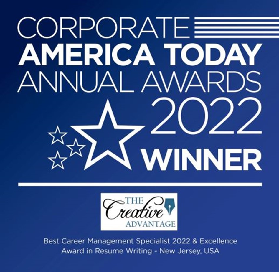 Graphic of "corporate america today annual awards 2022 winner" featuring stars and text for best career management specialist & resume writing excellence in new jersey.